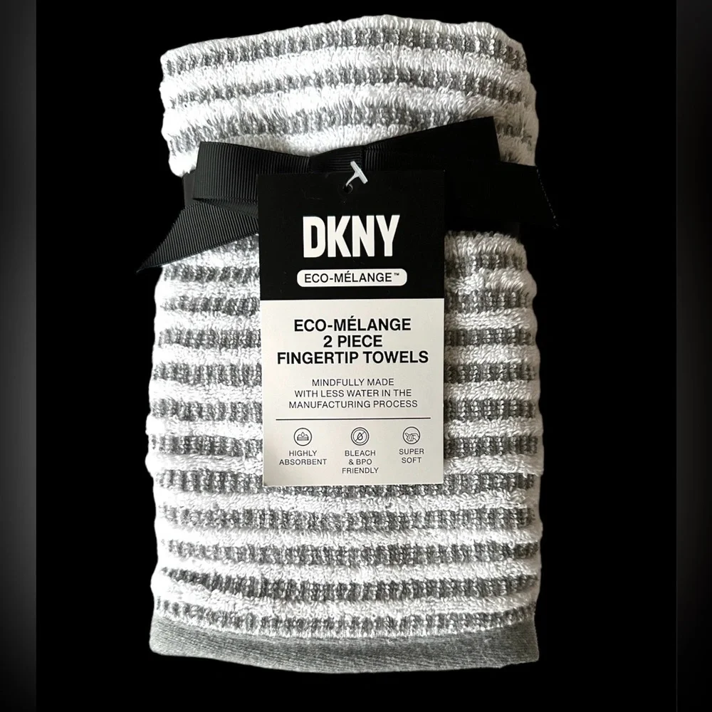 DKNY Eco-Melange 7 pc Towels Set Gray & White Stripes SUSTAINABLY MADE